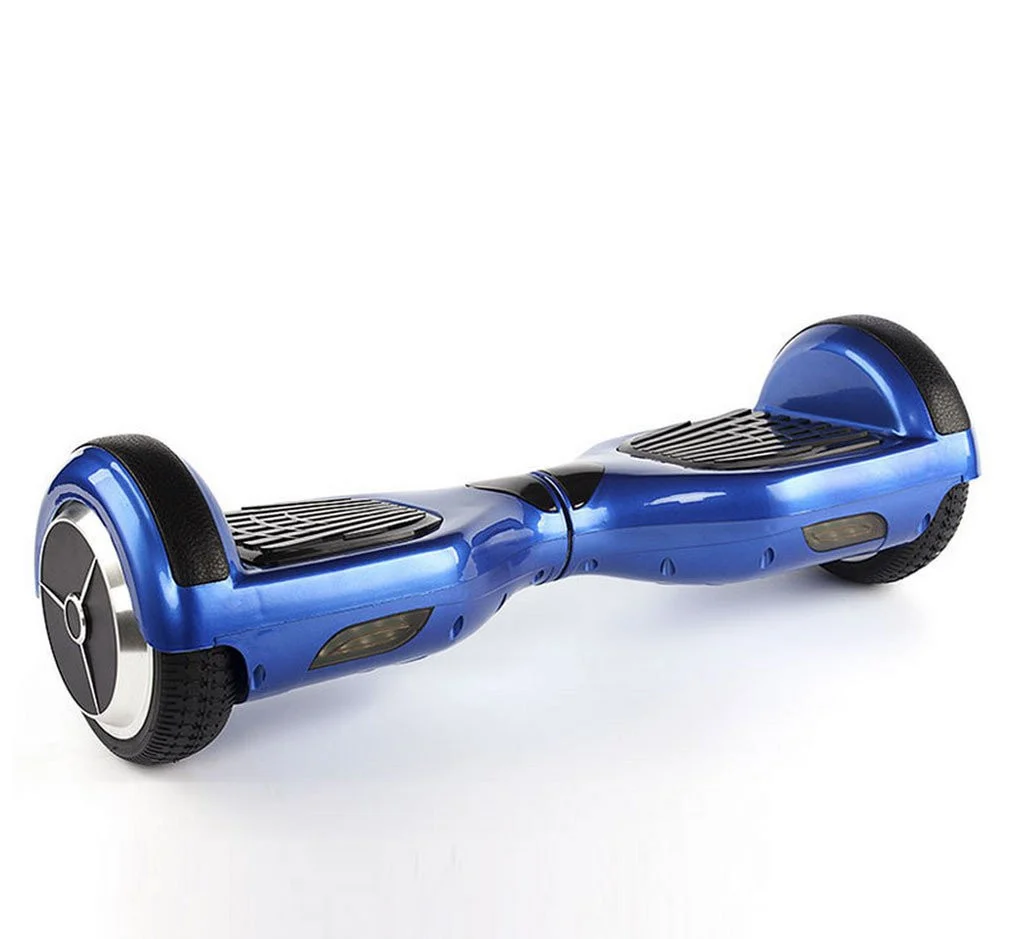 Blue self-balancing hoverboard with black wheels and footpads, shown on a plain white background, calm and clean product mood