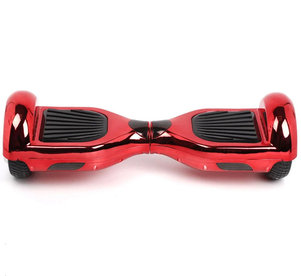 Red chrome self-balancing hoverboard with black foot pads on a white background, glossy vibrant mood