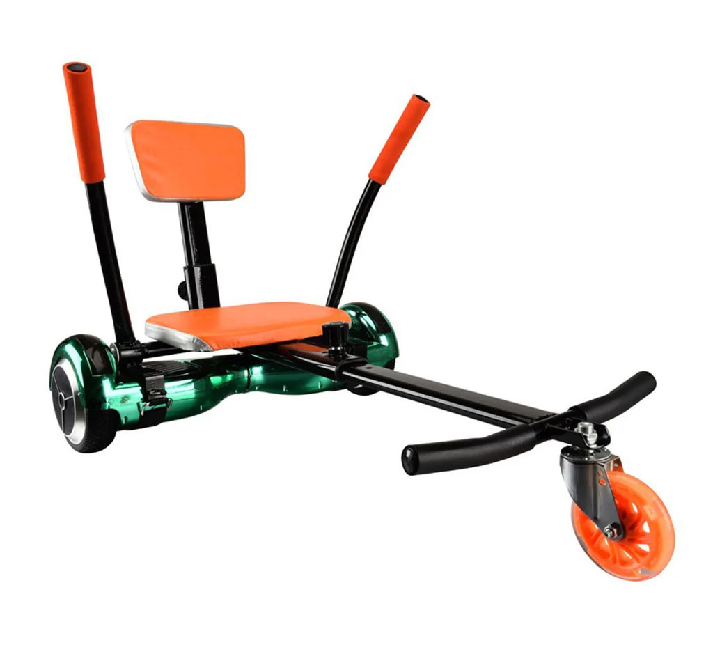 Green hoverboard fitted with a go-kart style attachment with orange seat and handlebars on white background, playful mood