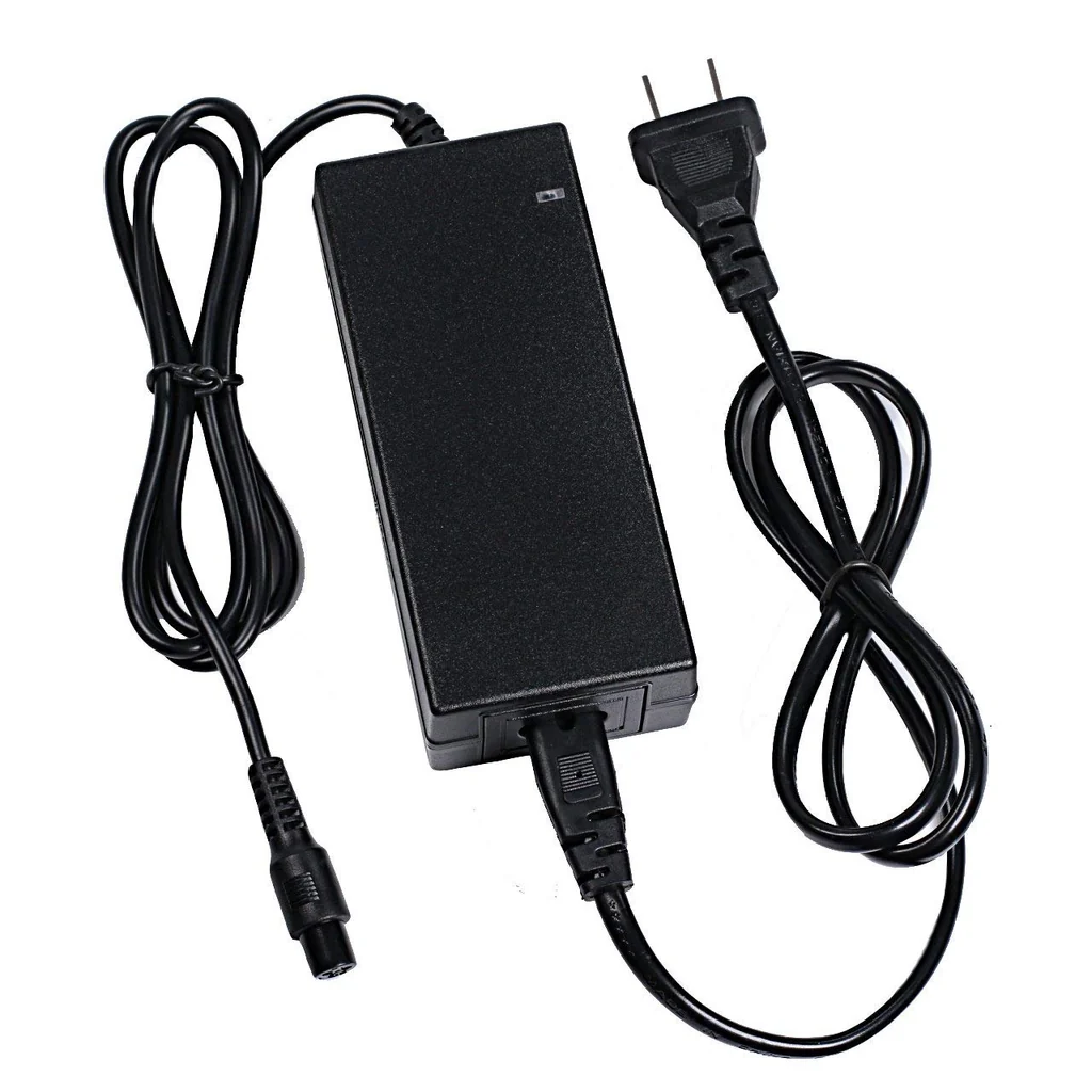 Black power adapter unit with coiled cables and two-prong plug on white background, neutral utilitarian mood